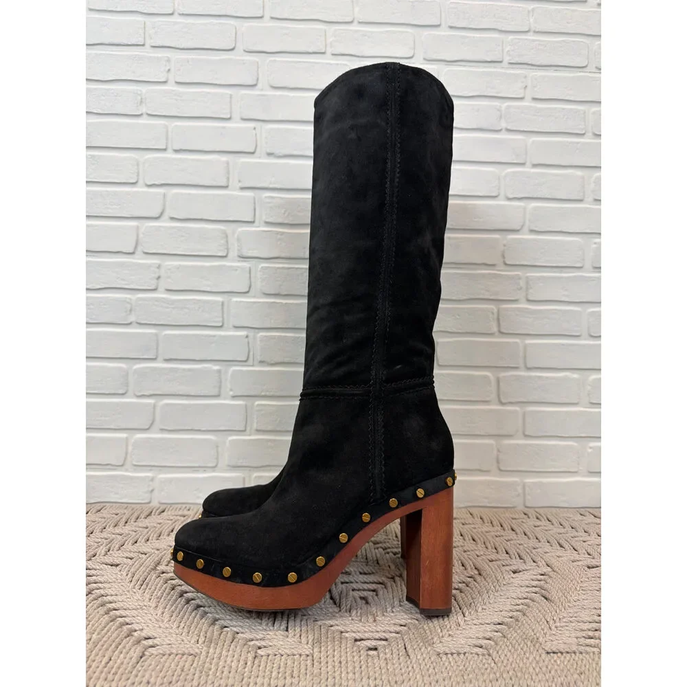 Veronica Beard Black Suede Studded Wooden Platform Clog Boots 8.5